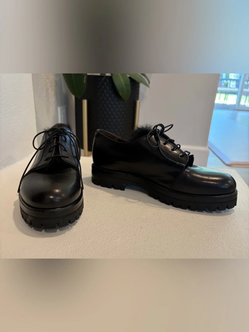 AGL Attilio Giusti Leombruni W 5.5 Black Leather Rabbit Fur Lugged Sole Derby